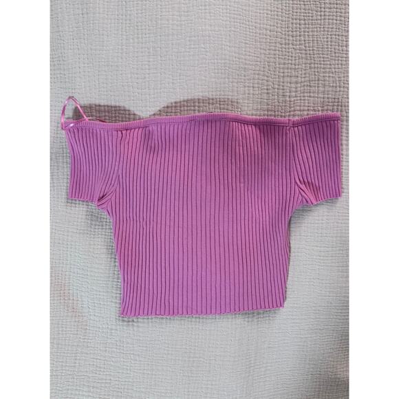 Zara Ribbed Off-Shoulder Sweetheart Knit Crop Top in Pink BarbieCore – Sz Medium - Picture 4 of 4